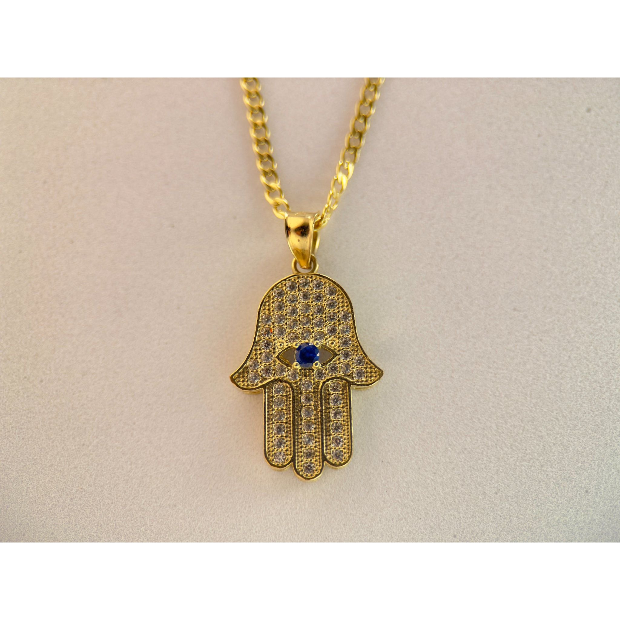 DR1937 - Oro amarillo de 10 quilates - Piedras creadas en laboratorio - Cadena y dije de oro - Hamsa con ojo azul
